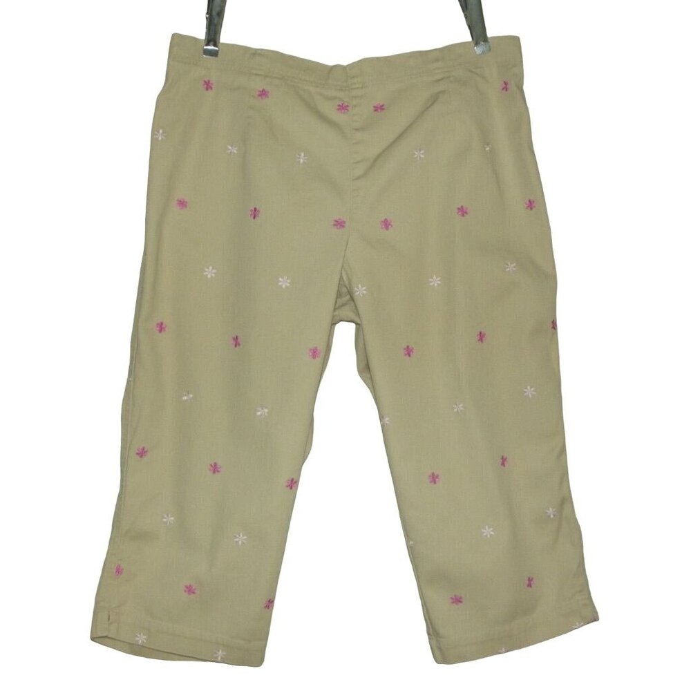 White Stag Capri Pants 10 x 17"Inseam tan beige pink embroidered flowers pull-on